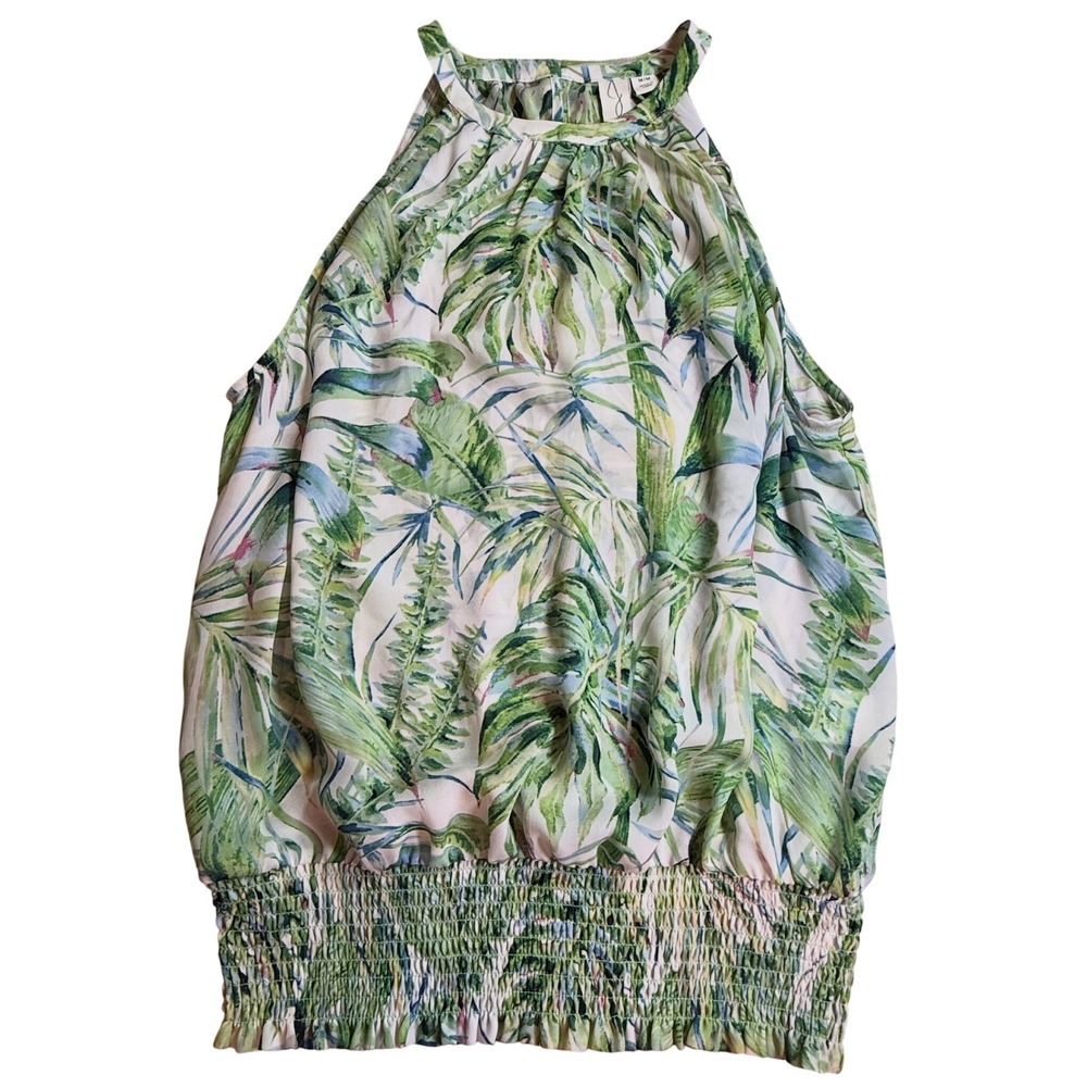Joie Womens Tropical Palm Leaf Smocked Hem Halter Neck Blouse Green Blue Medium